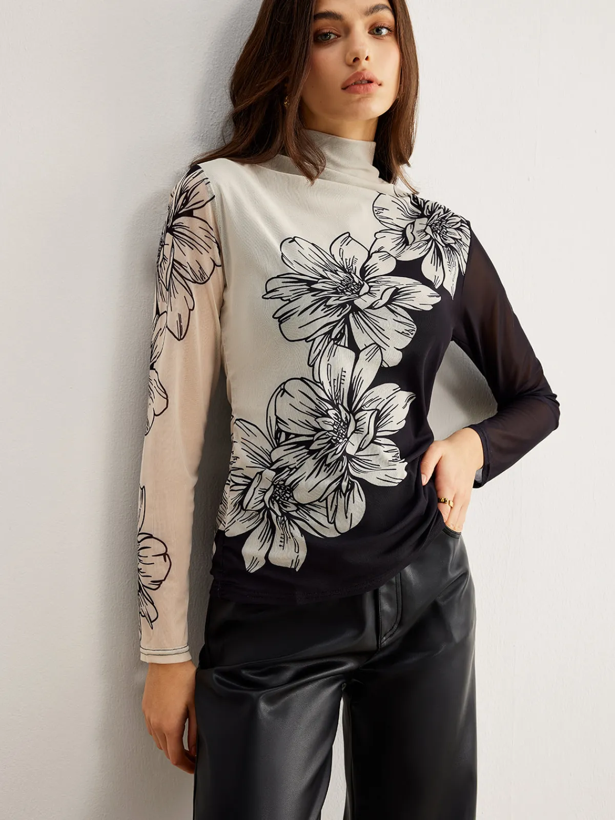 Discount Color Block Floral Mesh Top T-shirts|Tops