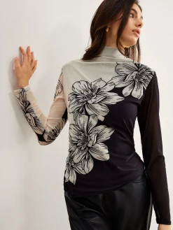 Discount Color Block Floral Mesh Top T-shirts|Tops