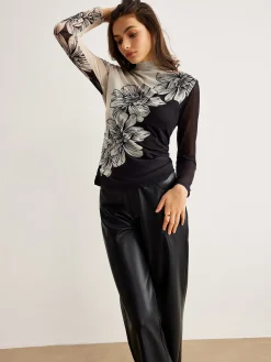 Discount Color Block Floral Mesh Top T-shirts|Tops