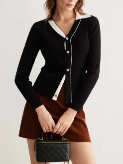 Sale Color Block Lapel Button Cardigan Cardigans|Sweaters & Cardigans