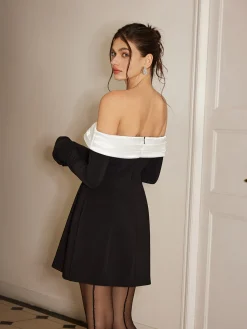 Clearance Color Block Off-Shoulder Bell Sleeve Dress Casual Dresses|Work Dresses