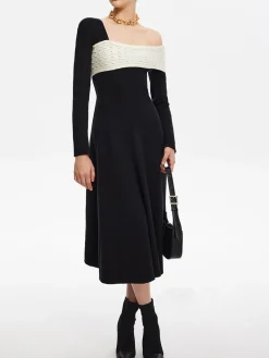 Sale Color Block One-Shoulder Sweater Dress Black Dresses|Sweater Dresses