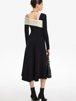 Sale Color Block One-Shoulder Sweater Dress Black Dresses|Sweater Dresses