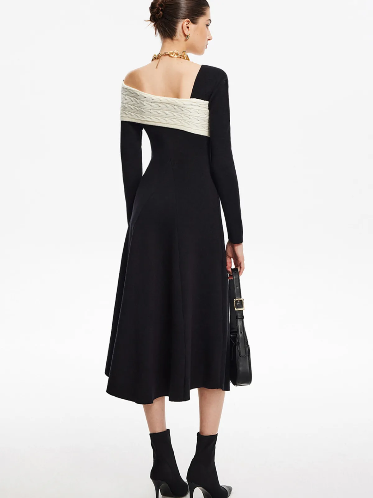 Sale Color Block One-Shoulder Sweater Dress Black Dresses|Sweater Dresses