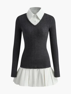 Online Color Block Panel Lapel Knit Dress Sweater Dresses|Casual Dresses