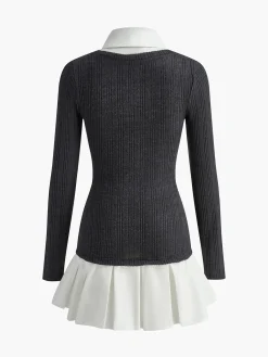 Online Color Block Panel Lapel Knit Dress Sweater Dresses|Casual Dresses