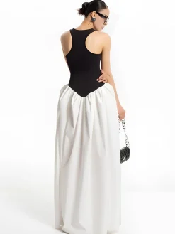 Online Color Block Panel Pockets Dress White Dresses|Casual Dresses