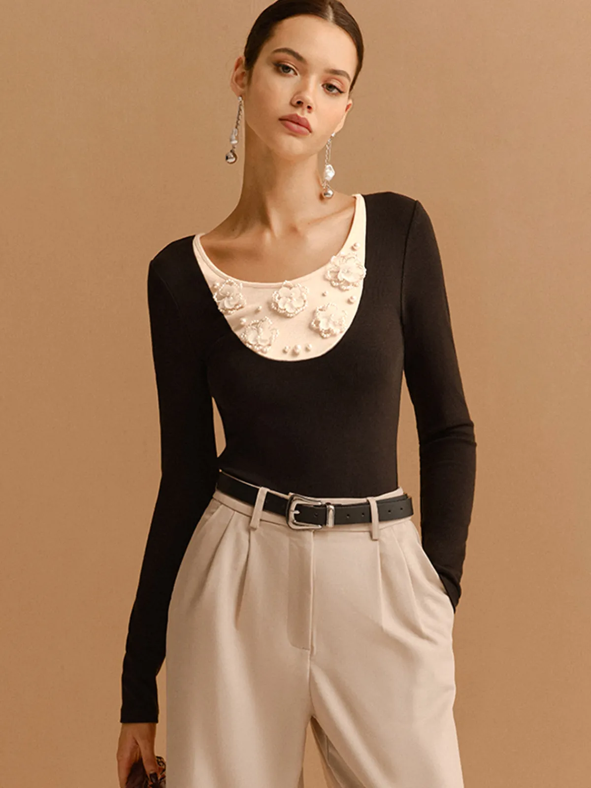 Color Block Pearl Floral Jersey Top T-shirts|Tops