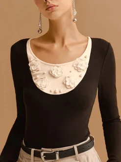 Color Block Pearl Floral Jersey Top T-shirts|Tops
