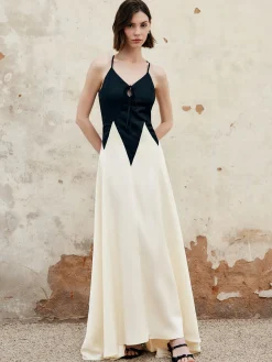 Clearance Color Block Pleated Cutout Cami Long Dress Cocktail & Party Dresses|Summer Dresses