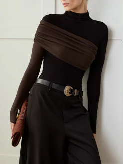 New Color Block Pleated Jersey Slim Top T-shirts|Tops