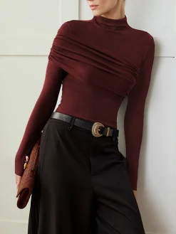 New Color Block Pleated Jersey Slim Top T-shirts|Tops