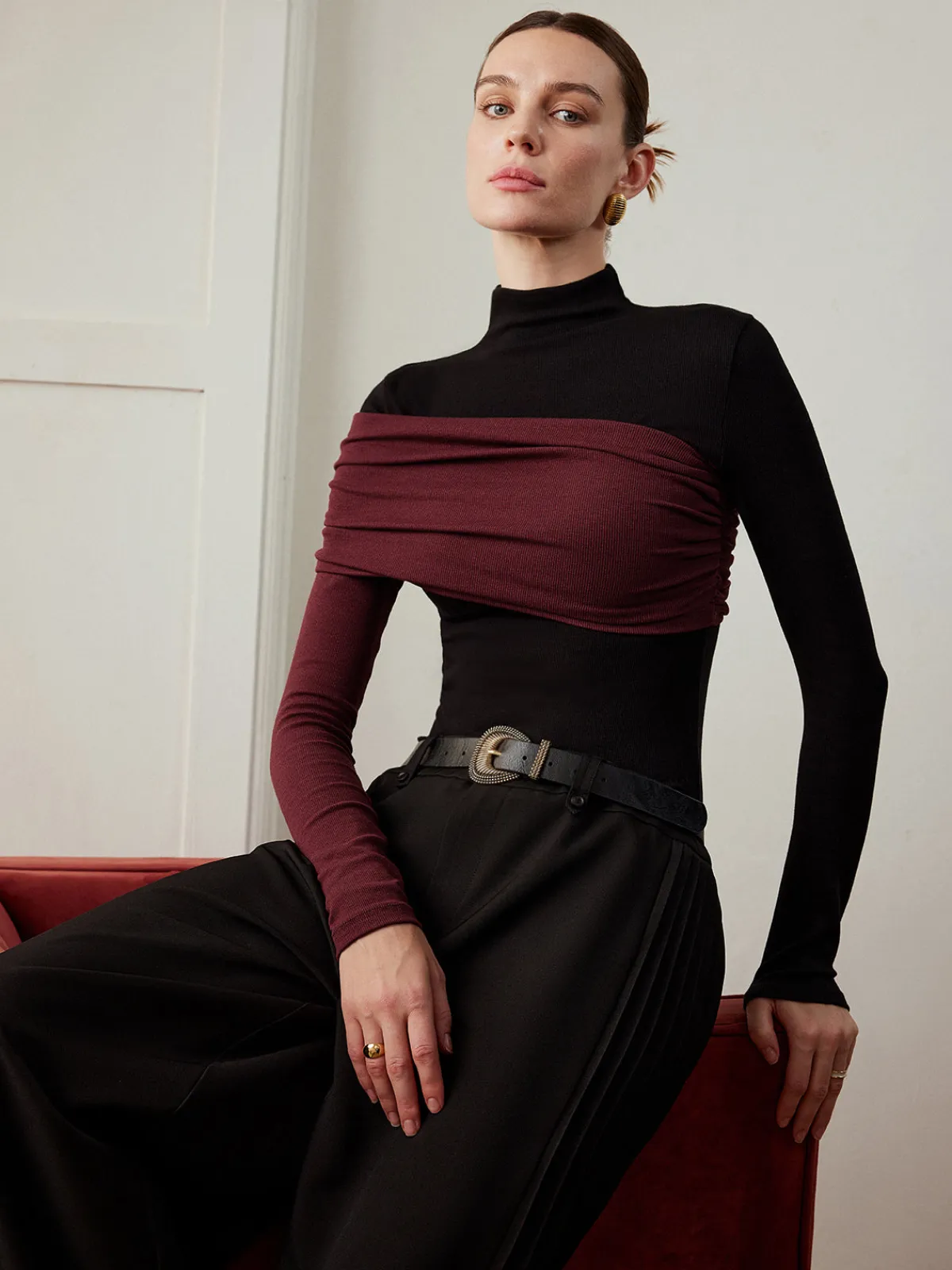 New Color Block Pleated Jersey Slim Top T-shirts|Tops