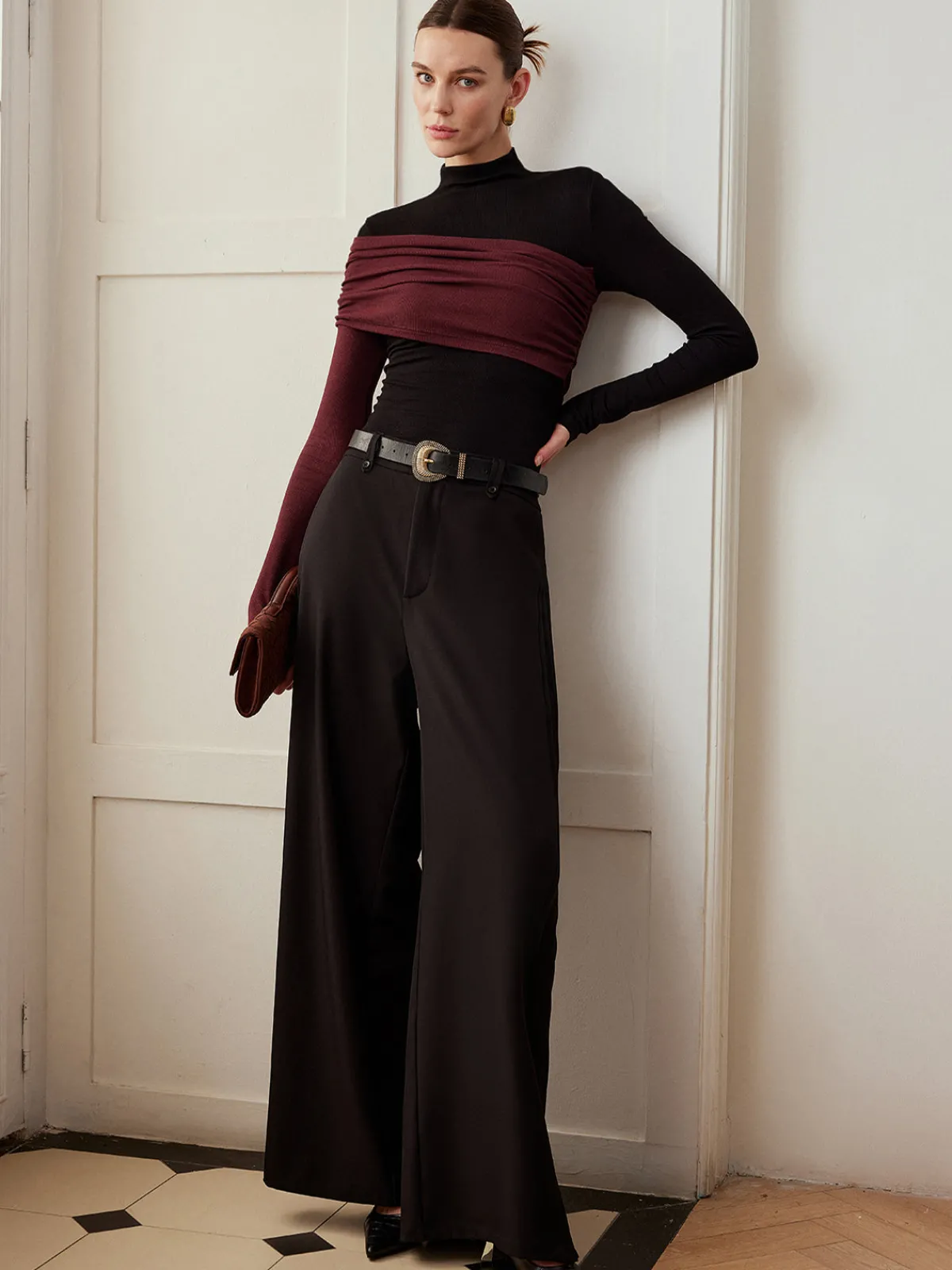 New Color Block Pleated Jersey Slim Top T-shirts|Tops