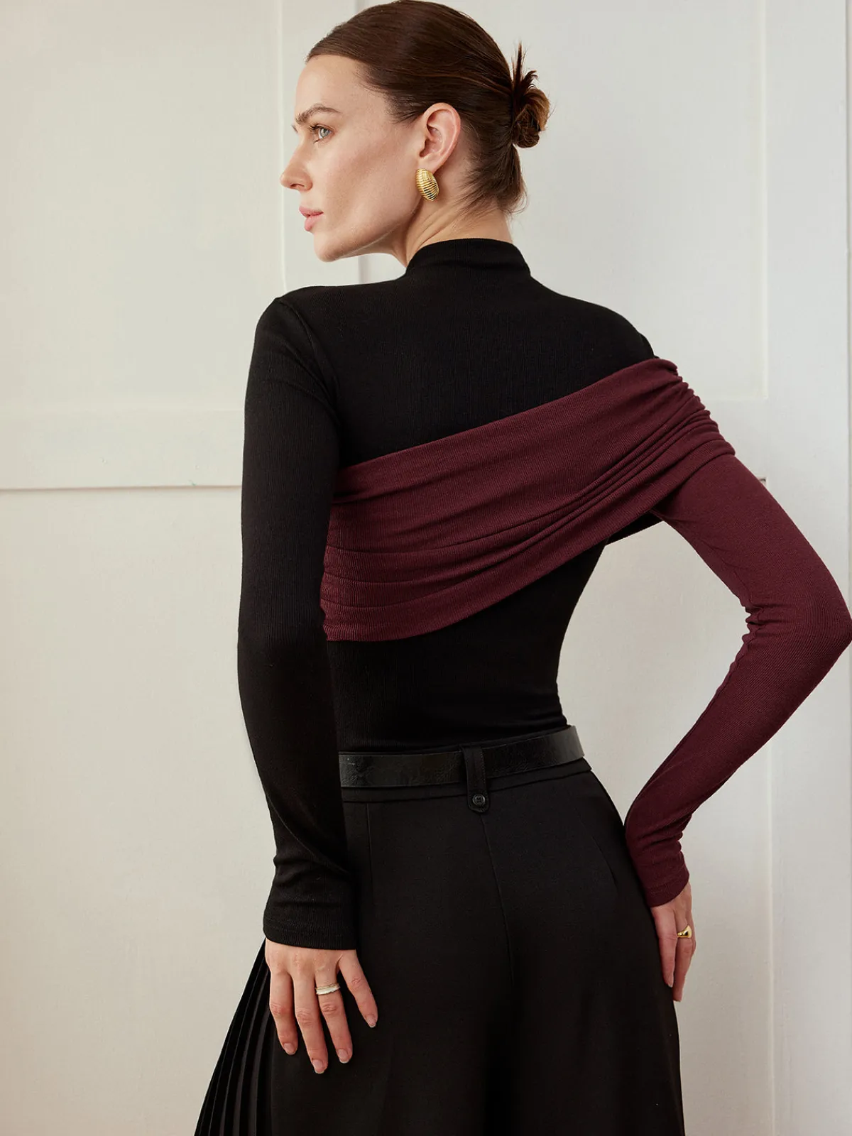 New Color Block Pleated Jersey Slim Top T-shirts|Tops