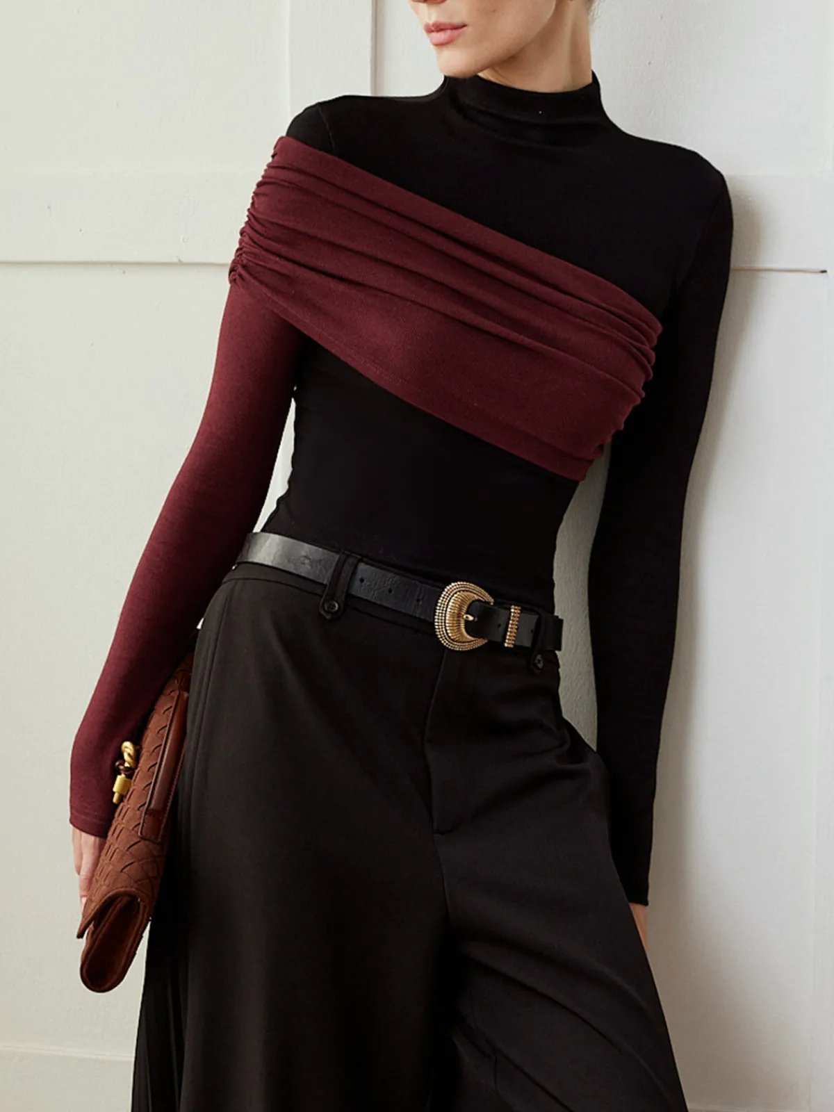 Clearance Color Block Pleated Jersey Slim Top T-shirts|Tops