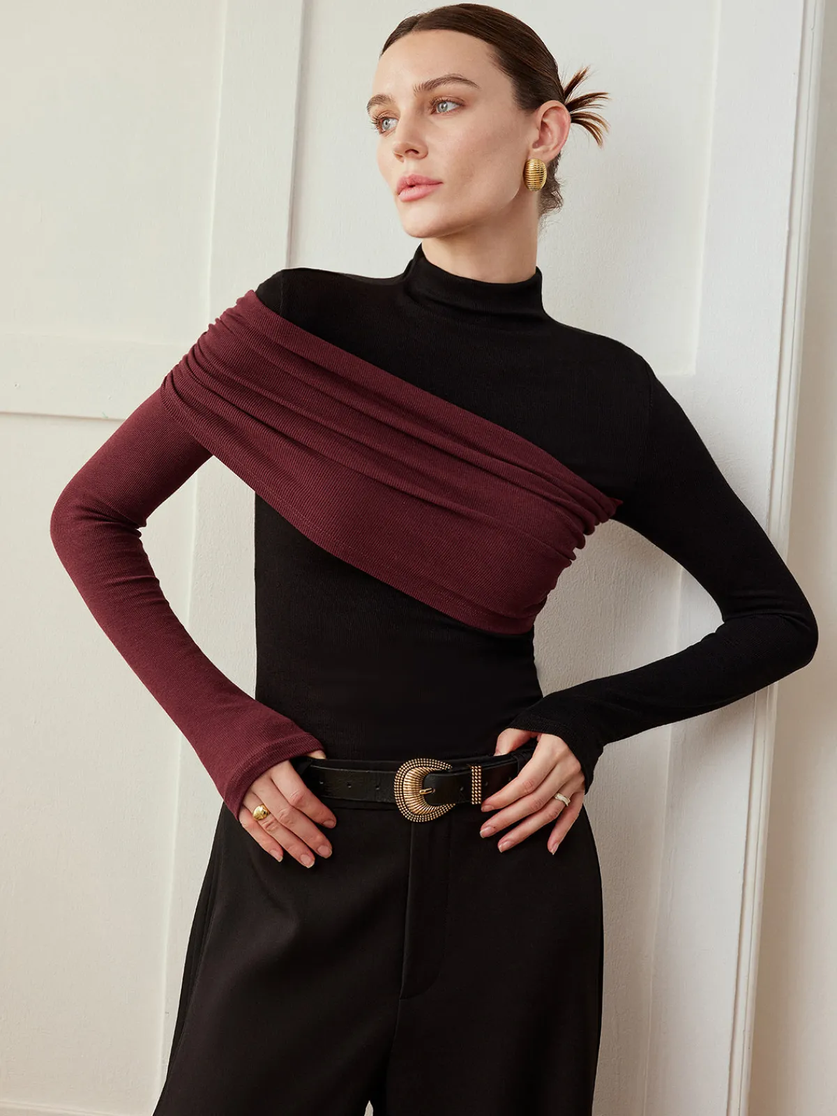 Clearance Color Block Pleated Jersey Slim Top T-shirts|Tops