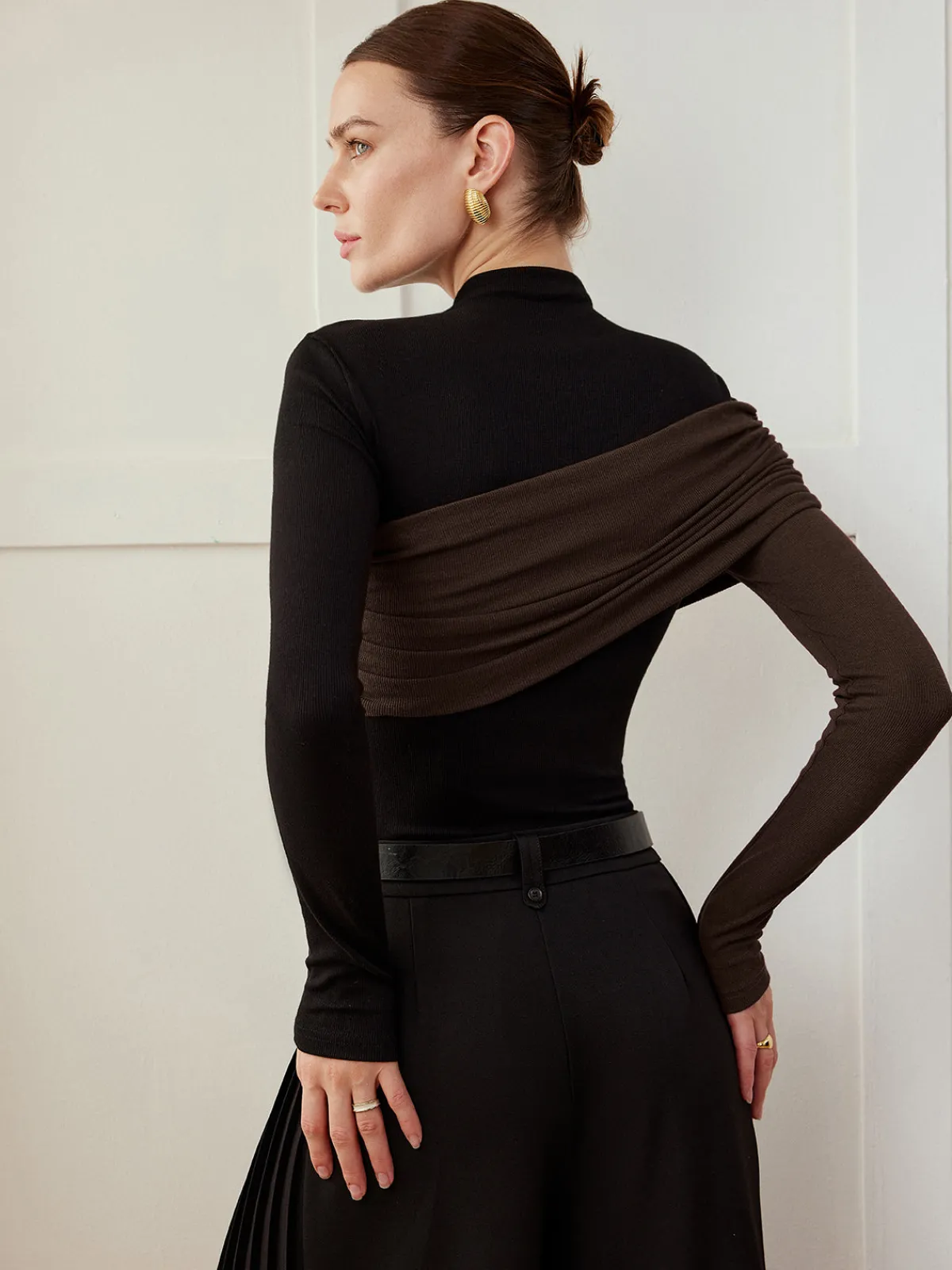 Clearance Color Block Pleated Jersey Slim Top T-shirts|Tops