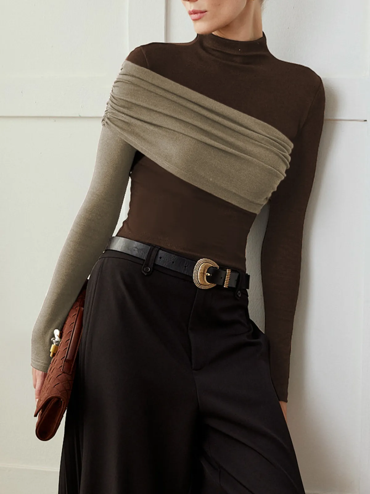 Clearance Color Block Pleated Jersey Slim Top T-shirts|Tops