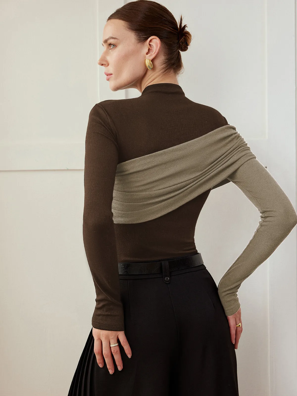 Clearance Color Block Pleated Jersey Slim Top T-shirts|Tops