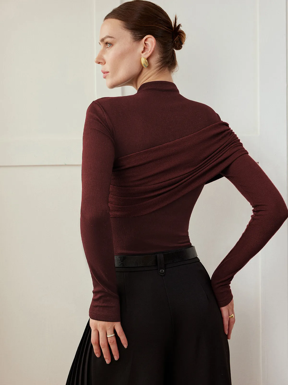 Clearance Color Block Pleated Jersey Slim Top T-shirts|Tops