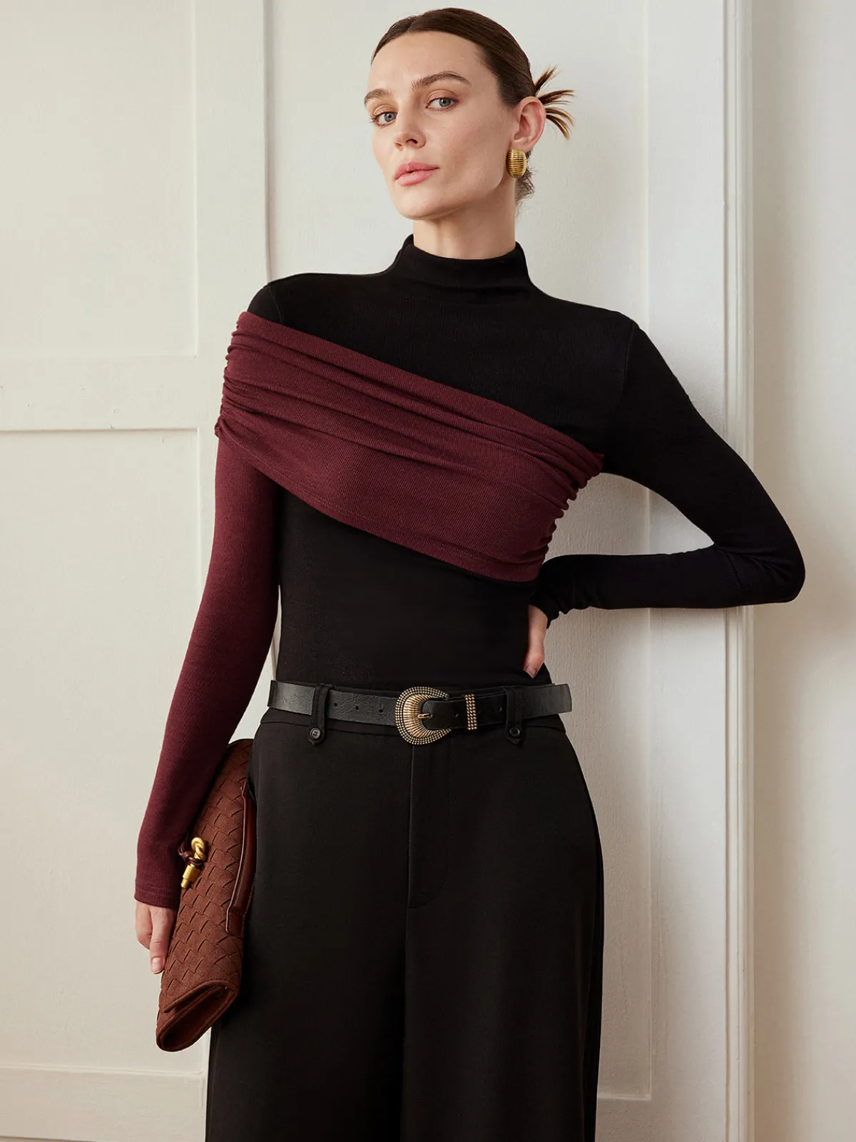 Clearance Color Block Pleated Jersey Slim Top T-shirts|Tops