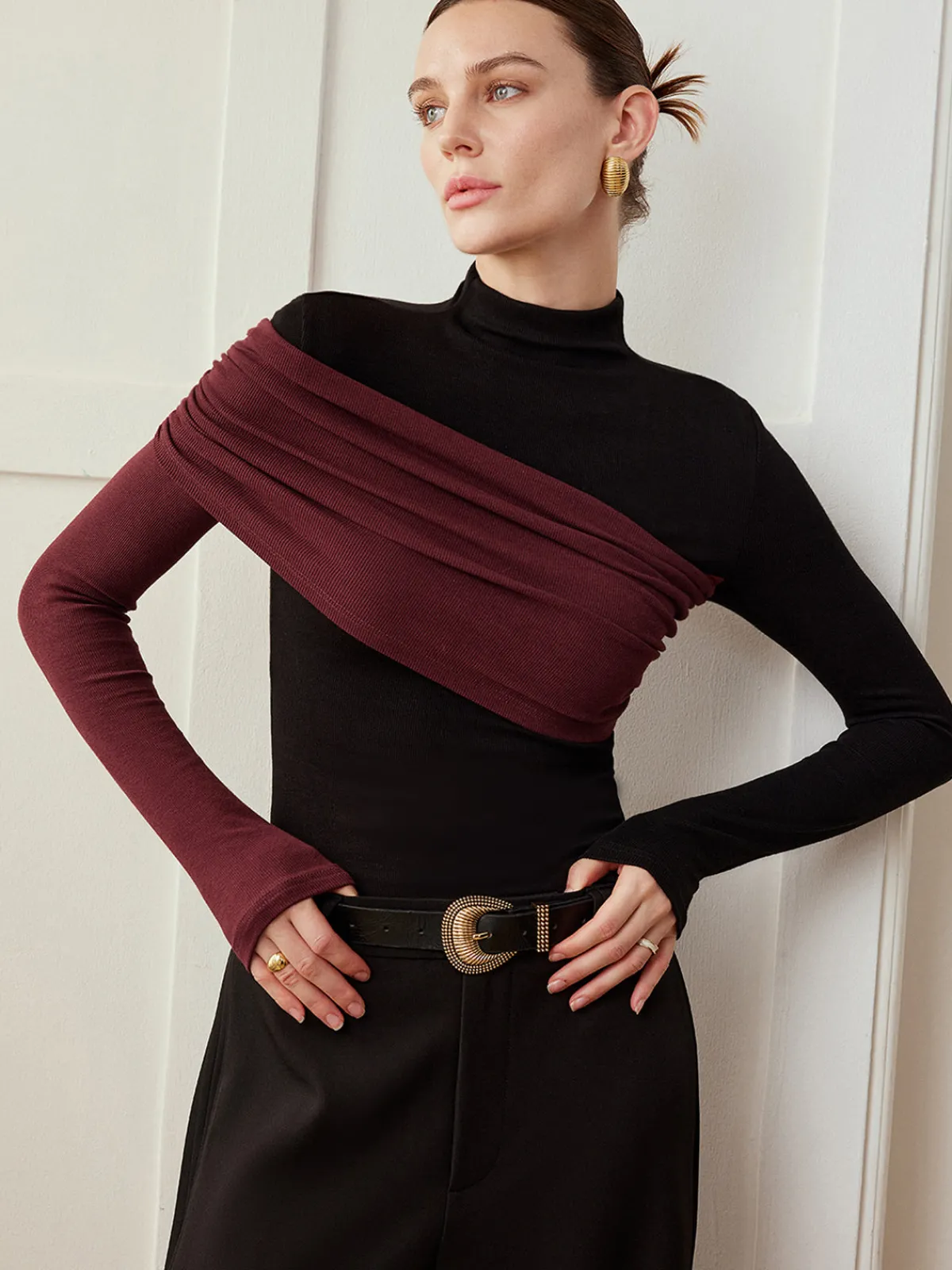 Clearance Color Block Pleated Jersey Slim Top T-shirts|Tops