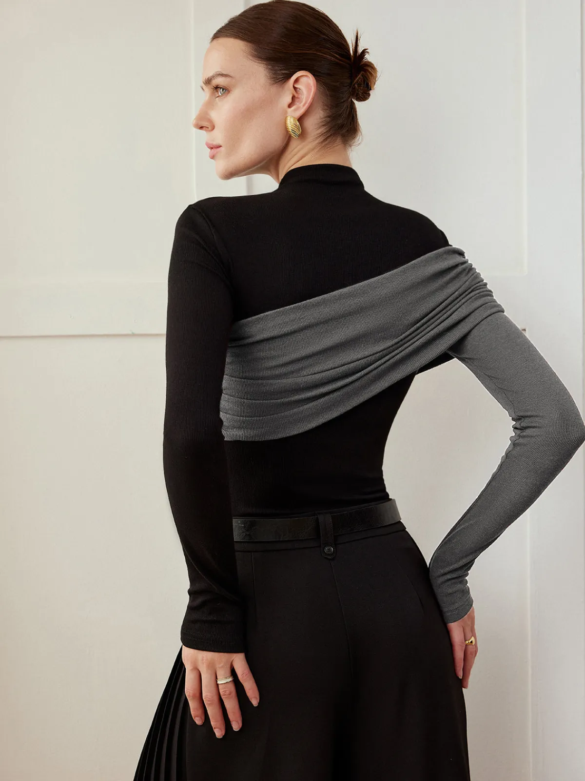 Clearance Color Block Pleated Jersey Slim Top T-shirts|Tops