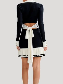 Online Color Block Ruffle Bow Knit Dress Black Dresses|Sweater Dresses