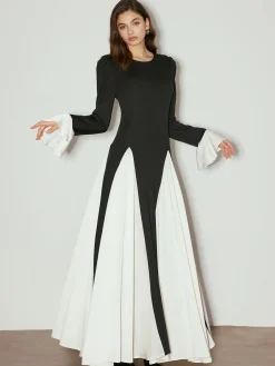Outlet Color Block Ruffle Long Dress Black Dresses|Casual Dresses