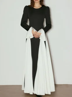 Outlet Color Block Ruffle Long Dress Black Dresses|Casual Dresses