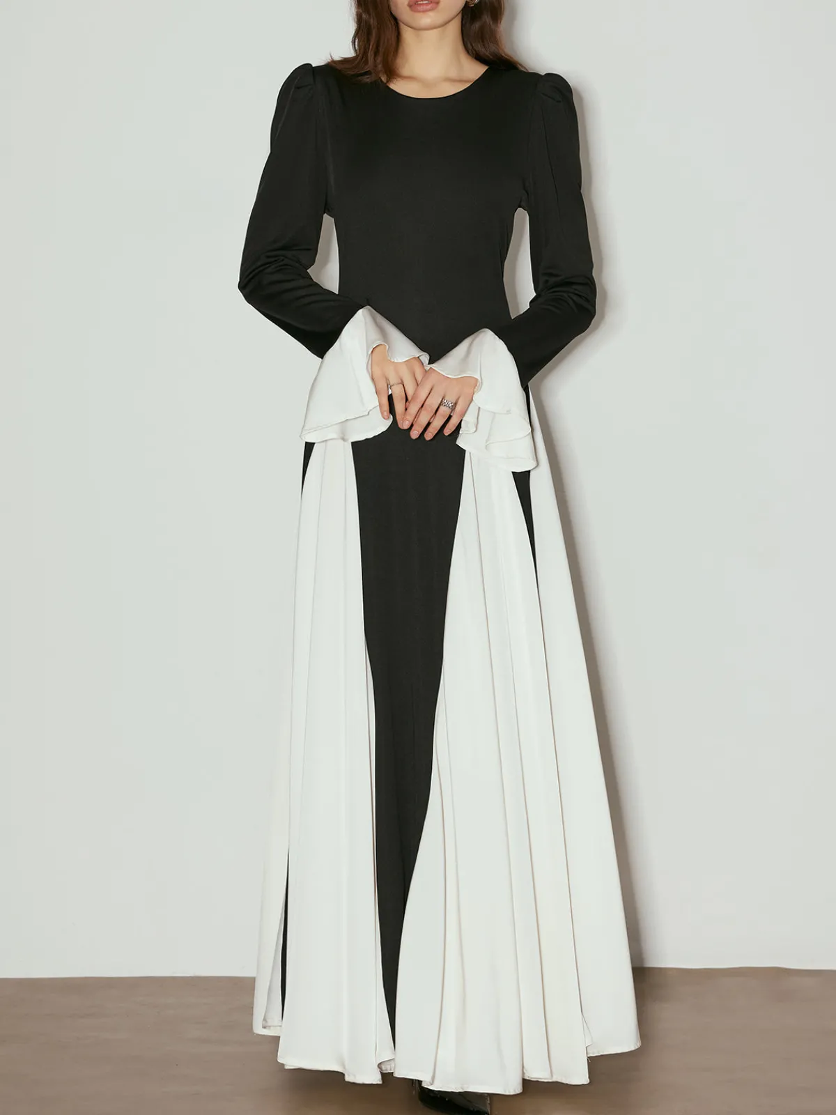 Outlet Color Block Ruffle Long Dress Black Dresses|Casual Dresses