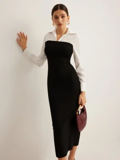 Sale Color Block Skinny Lapel Dress Black Dresses|Work Dresses