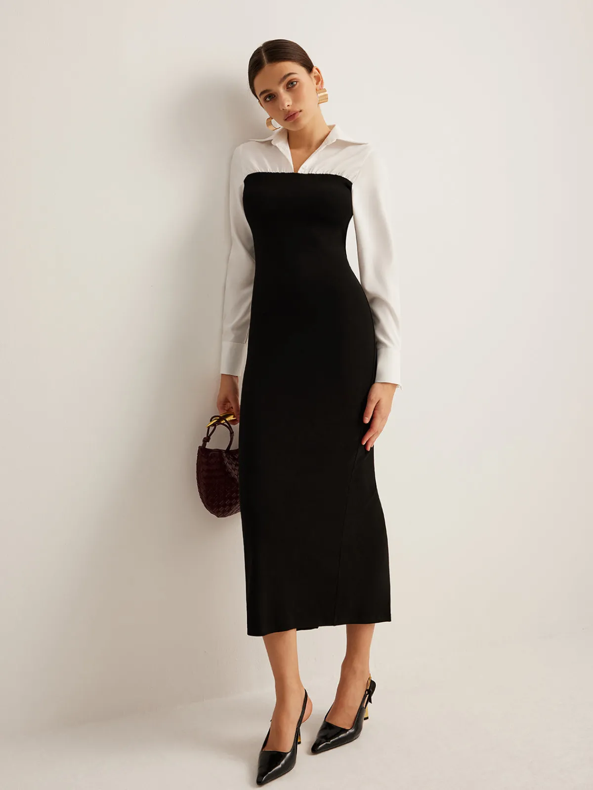 Sale Color Block Skinny Lapel Dress Black Dresses|Work Dresses