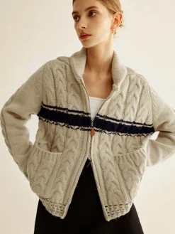 Best Color Block Twist Zipper Knit Outerwear Sweater Tops|Outerwear