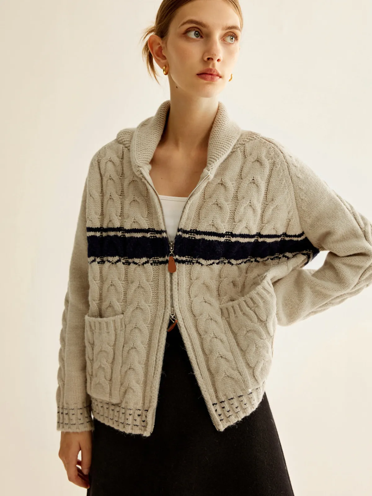 Best Color Block Twist Zipper Knit Outerwear Sweater Tops|Outerwear