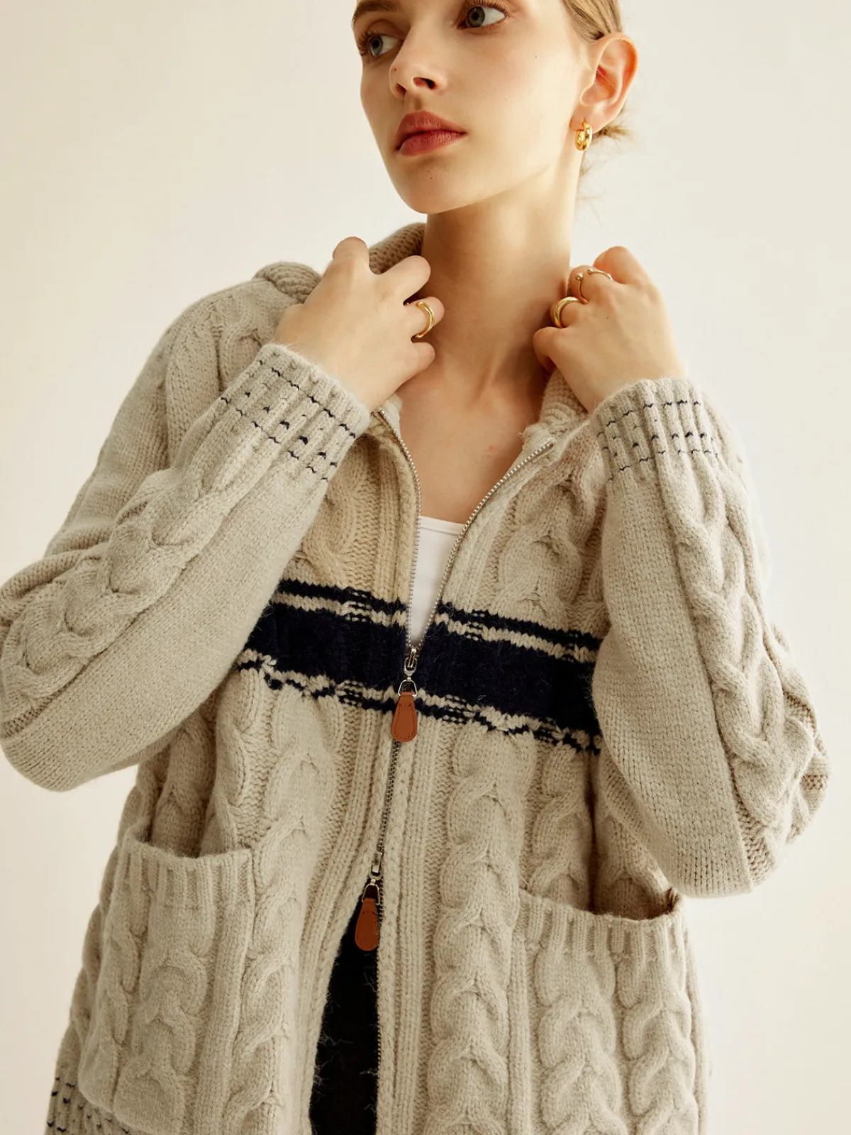 Best Color Block Twist Zipper Knit Outerwear Sweater Tops|Outerwear