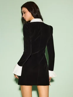 New Color Block Velvet Zipper Dress Black Dresses|Casual Dresses