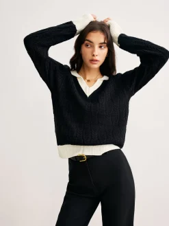 Discount Color Block V-Neck Twist Sweater Sweater Tops|Sweaters & Cardigans