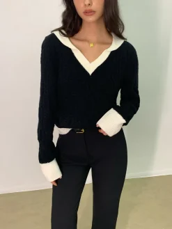 Discount Color Block V-Neck Twist Sweater Sweater Tops|Sweaters & Cardigans