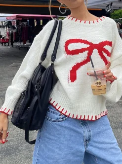 Sale Contrast Binding Bow Sweater Sweater Tops|Sweaters & Cardigans