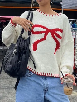 Discount Contrast Binding Bow Sweater Sweater Tops|Sweaters & Cardigans