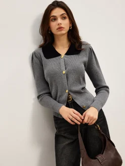 Clearance Contrast Collar Slim Button Cardigan Cardigans|Sweaters & Cardigans