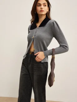 Clearance Contrast Collar Slim Button Cardigan Cardigans|Sweaters & Cardigans