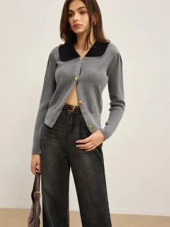 Sale Contrast Collar Slim Button Cardigan Cardigans|Sweaters & Cardigans