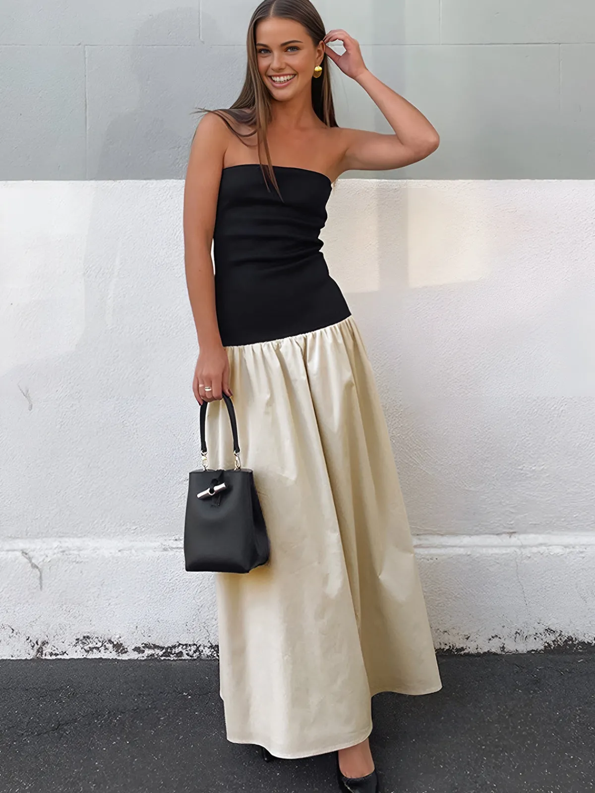 Contrast Color Tube Long Dress Casual Dresses|Work Dresses