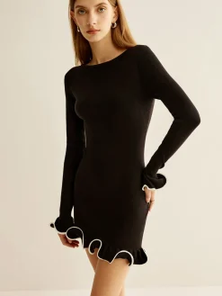 Online Contrast Ruffle Slim Dress Black Dresses|Casual Dresses