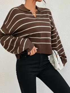 Outlet Contrast Striped Lapel Short Sweater Sweater Tops|Sweaters & Cardigans