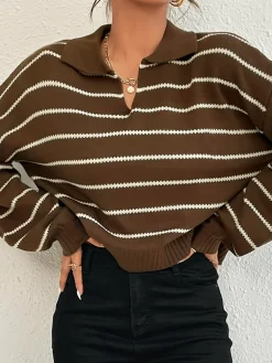 Best Contrast Striped Lapel Short Sweater Sweater Tops|Sweaters & Cardigans