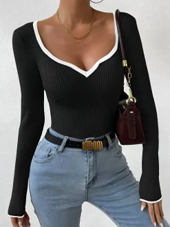 Clearance Contrast Trim Sexy Knit Top Sweater Tops|Sweaters & Cardigans